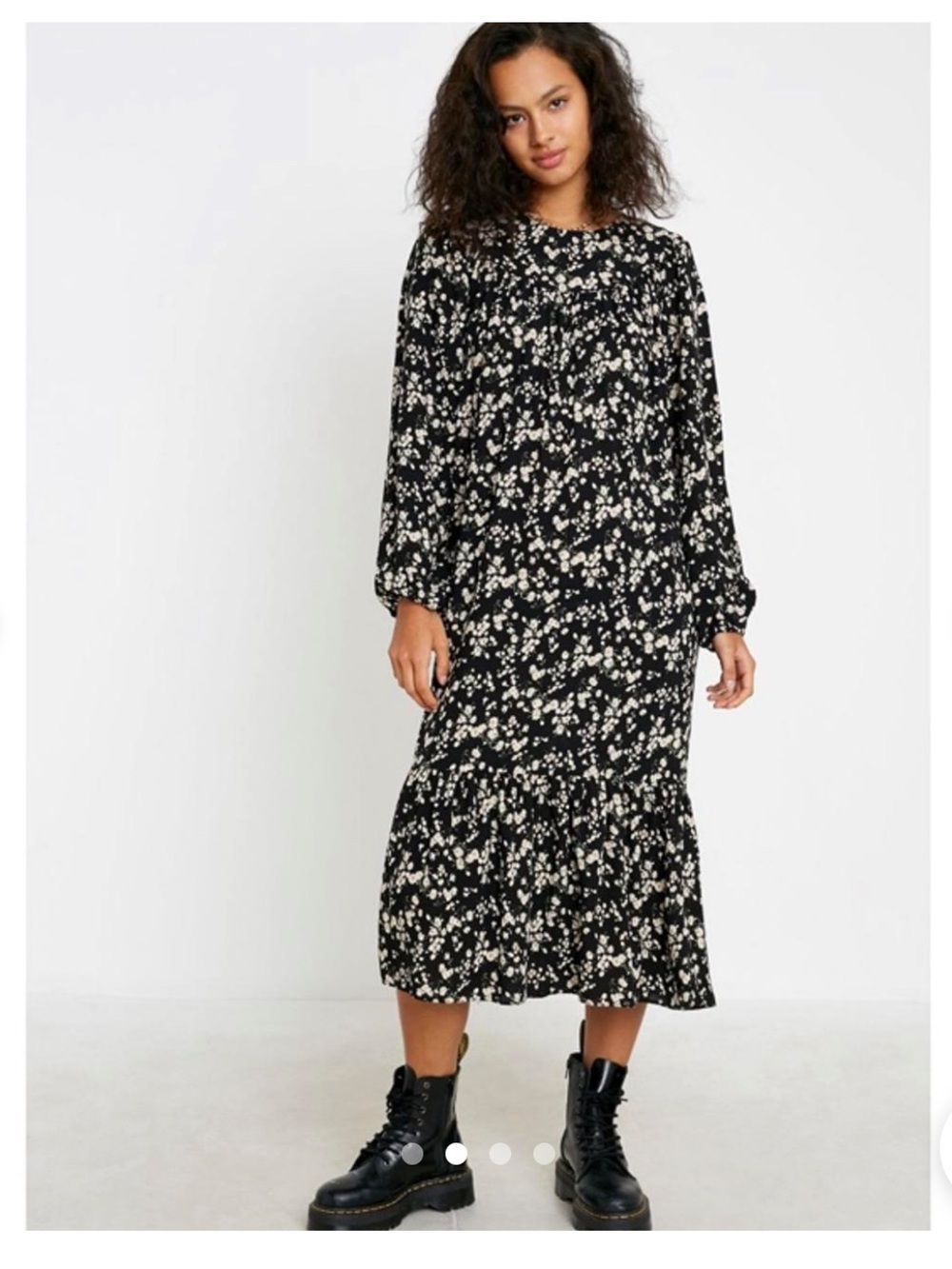 Urban Outfitters Black Floral Long Sleeve Midi Dress with Daisy Print